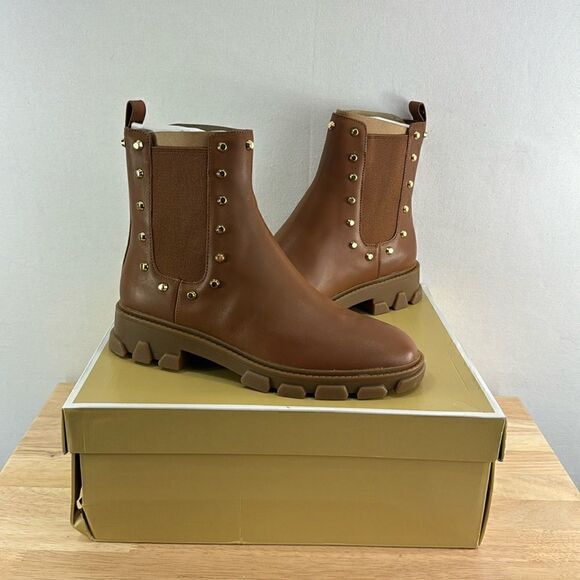 Michael Kors Ridley Studded Leather Gore Lug Sole Booties- Luggage- Size 7.5 M- - Picture 1 of 7